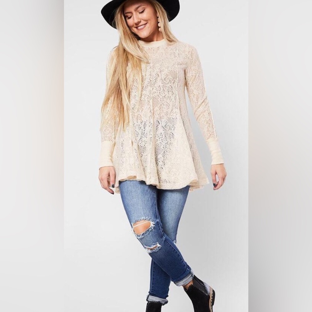 Free People Coffee In The Morning Lace Tunic Top Small long sleeve